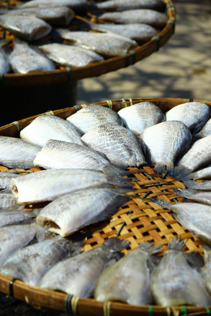 Close-up of fish drying in woven baskets under sunlight, highlighting traditional preservation methods.
